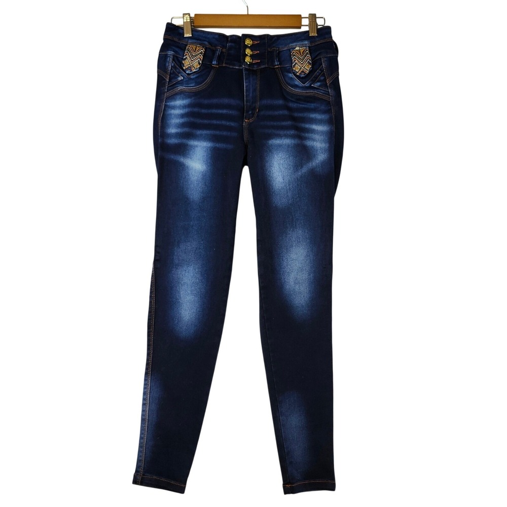 Bon Bonup Womens High Waisted Embroidered Dark Wash Skinny Jeans Blue Size‎ 28